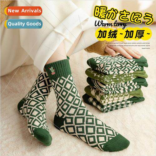 Green socks women terry towel socks mid-calf socks fall wint