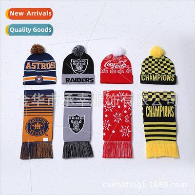 High stch kn jacquard hat scarf set Club soccer advertising