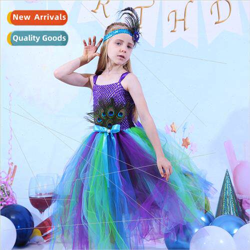 Girls fall dress peacock feather middle and large children m