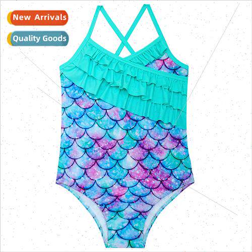 Childrens swimsus girls ruffles one-piece swimsu mermaid 3D
