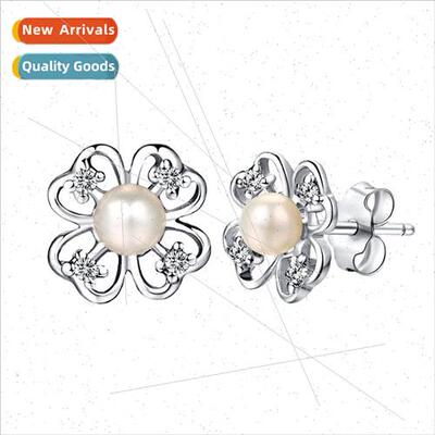 Europe zirconia four-leaf clover pearl earrings women fashio