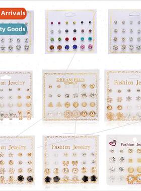 New paper card zirconia earrings wh 12 pairs pearl flower bo