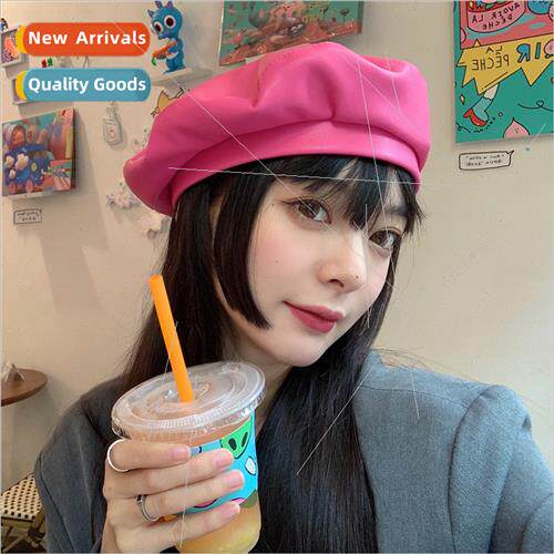 Japan pu leather beret female autumn winter Englretro pink i
