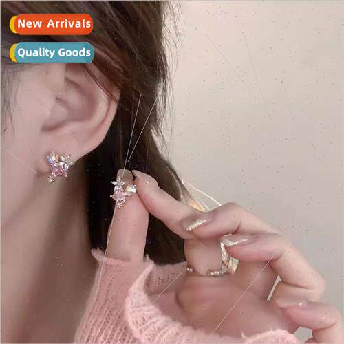 Fresh pink zirconia flower earrings female niche fashion ear