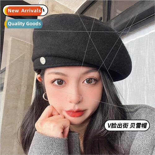 Wool beret female fall winter show face small new big head a