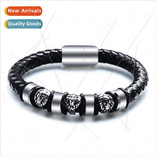 Europe men retro punk bracelet lion head leather compilation
