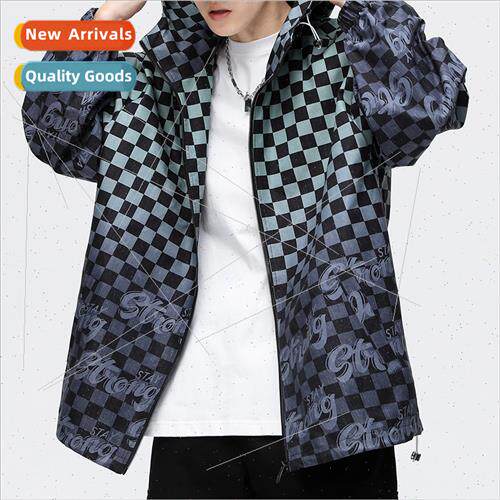 ins tide checkerboard checker hooded jacket men 2023 spring