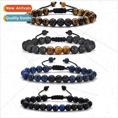 Tiger Eye Men Bracelet  8mm Lava Stone Onyx Woven String Han