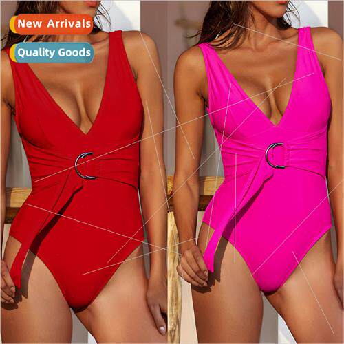 Womens Swimsu One Piece Solid Color Metal Ring Swimsu Bikini