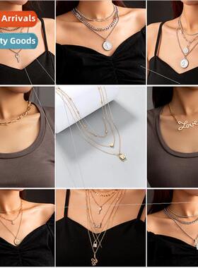 Europe punk hip-hop multi-layer necklace creative pin round