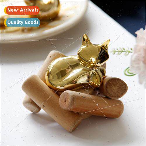 Scandinavian rustic gold ceramic fox wooden base simple cute