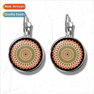 Boho Mandala Art Picture Earrings Vintage Symbol Glass Dome