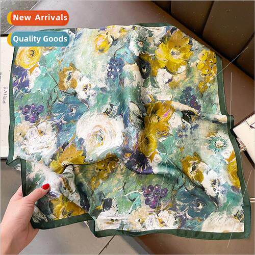 New oil painting flowers mulberry silk square scarf green ve