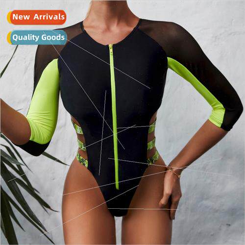 2024 new one-piece swimsu splicing bikini zipper swimsu wome