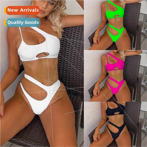 Women Solid Color Swimsu Irregular Slant Shoulder Sexy Bikin