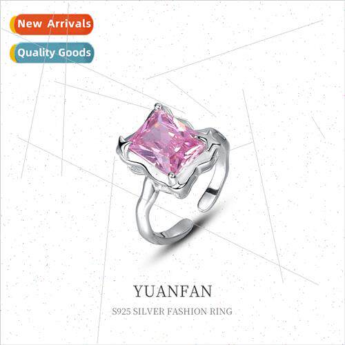 925 silver irregular square zirconia textured ring female in