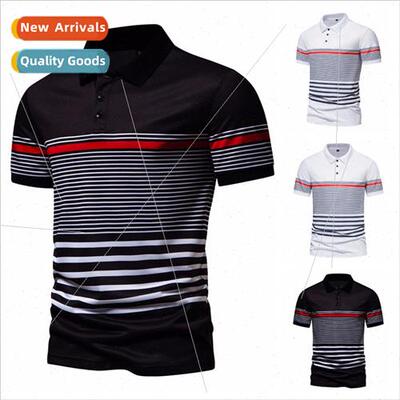 Summer new short-sleeved polo shirt men lapel striped printe