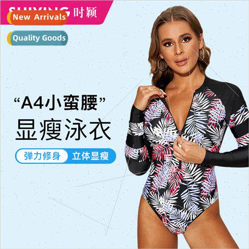 Europe new one-piece wetsu swimsu women printed splicing lon
