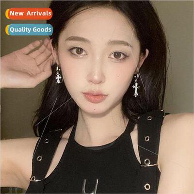 ins sense diamond metal cross earrings asymmetrical niche hu