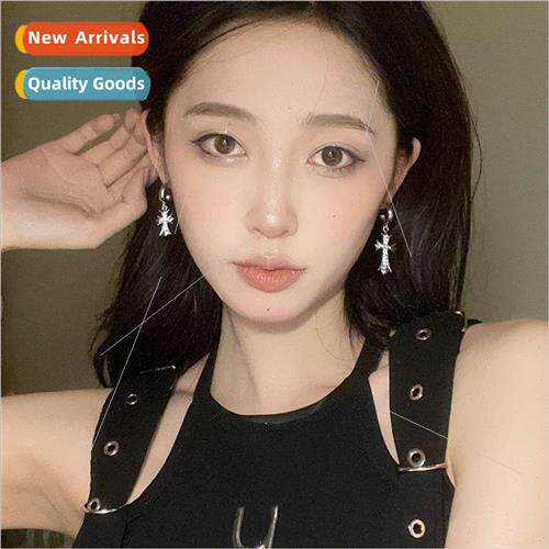 ins sense diamond metal cross earrings asymmetrical niche hu