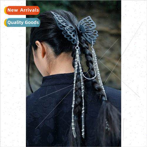 Black oversized butterfly tassel grab clip back head half ti