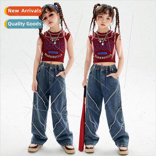 Jazz Dance Costume Girls Hip Hop Set Dance Children Jeans Lo
