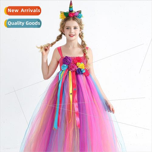 New Rainbow Unicorn Long Dresses Floral Children Party Dress