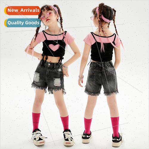 Jazz Dance Costume Girls Hip Hop Raw Edge Ripped Denim Short