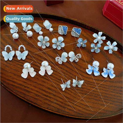 lver needle wh diamonds blue butterfly flowers crystal earri