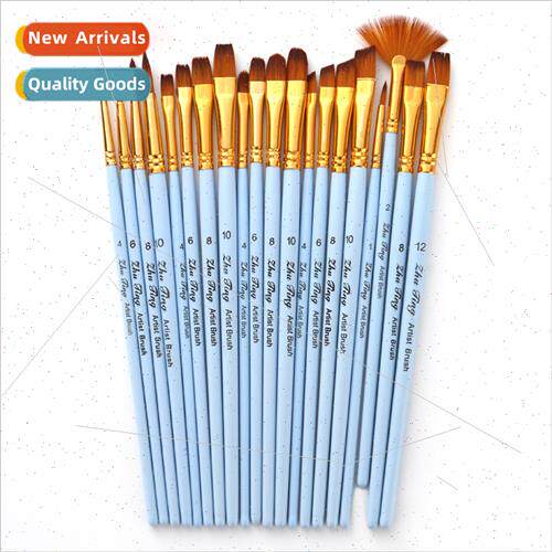 4 Matte Blue Wooden Stick Oil Paint Brushes Gold Nylon Hair