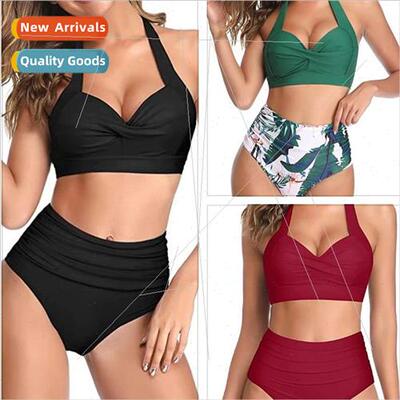 New Europe high waist printing hanging neck tie bikini swims