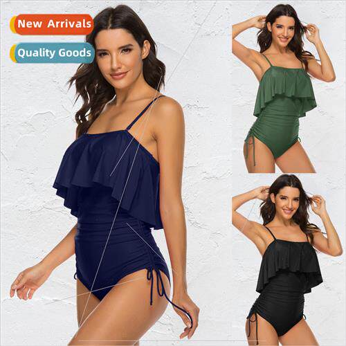 2024Europe solid color girl sexy straps big ruffle one-piece