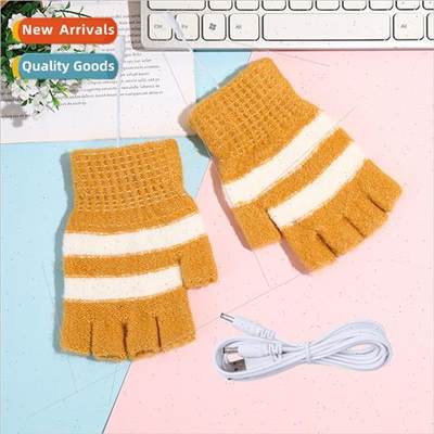 Striped Half Finger Gloves Winter Warm Gloves Heated Gloves