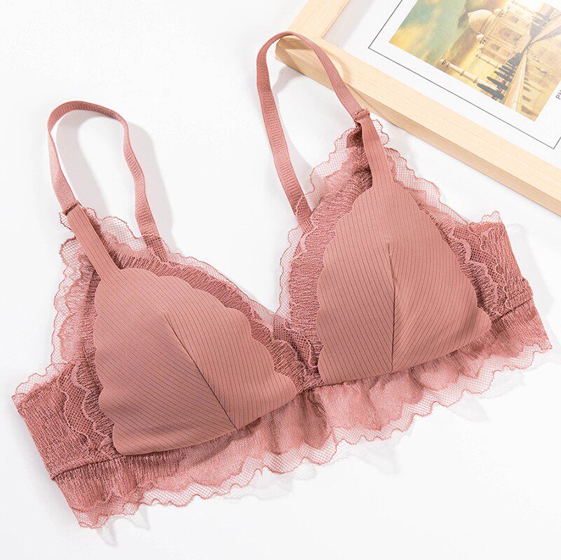 内衣女2025夏季薄款文胸无钢圈性感法式纯欲三角杯粉色蕾丝一套装