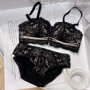 黑色蕾丝刺绣内衣中厚小胸聚拢加厚无肩带手掌杯夏季文胸隐形性感