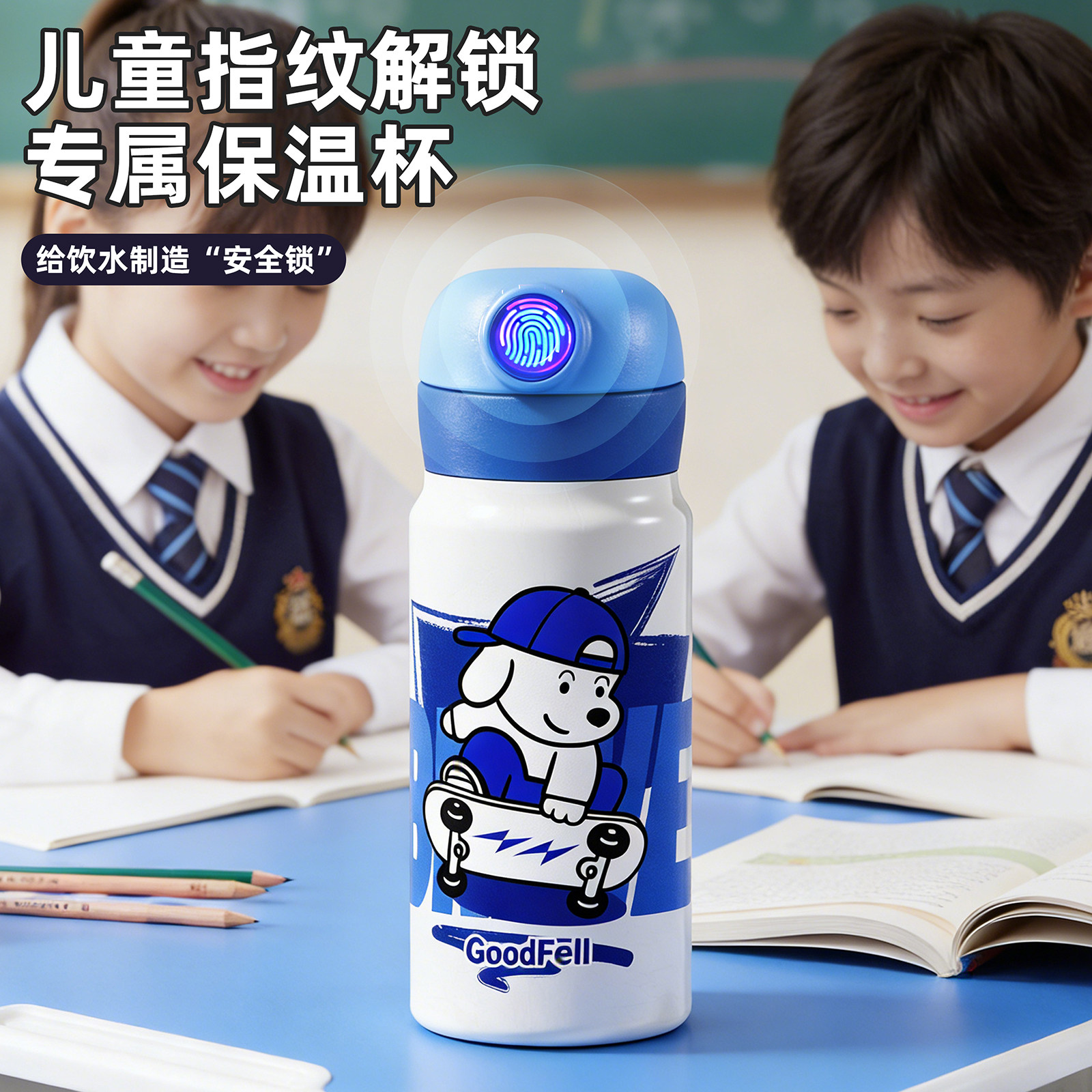 指纹解锁保温杯儿童女孩学生上学专用大容量水杯子吸管杯男生水壶
