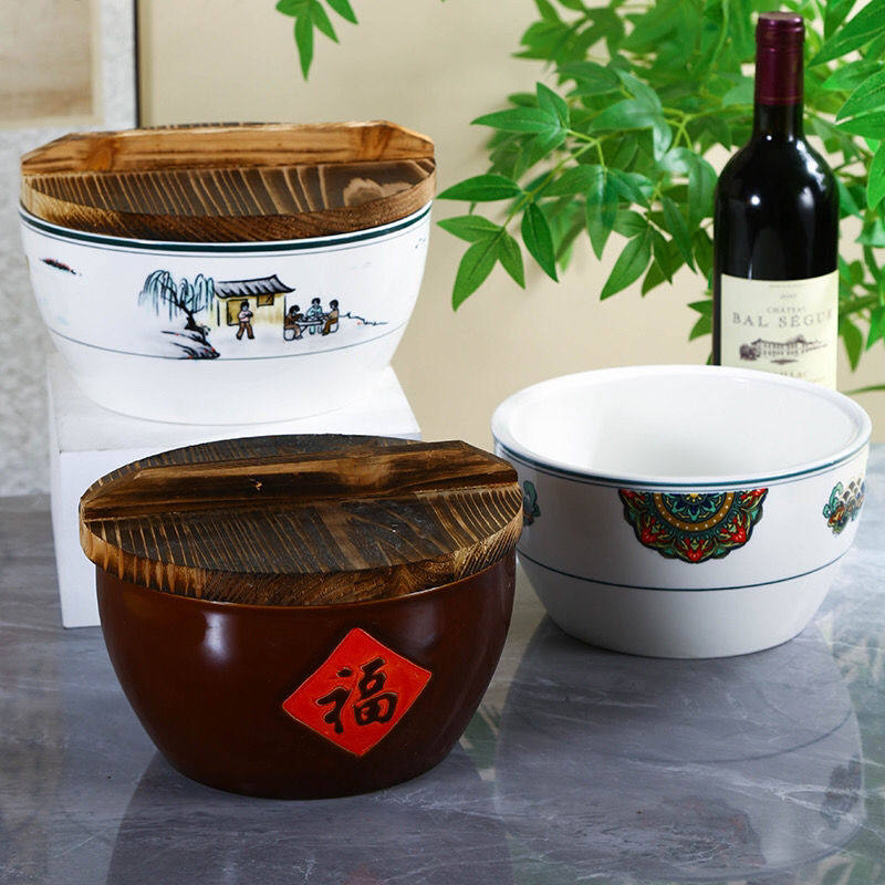 复古加厚陶瓷带盖瓷盆串串香碗钵钵鸡碗猪油钵大号汤碗米饭碗餐具