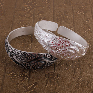招财凤凰纯银镯简约复古S999足银情侣凤凰开口手镯送情侣长辈礼物