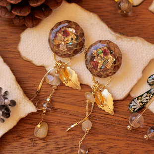 日光花轮~LEA真花原创天然干花uv胶长耳环纯手工制作日系耳饰耳钉