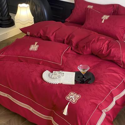 新中式纯棉婚庆四件套全棉床单新婚嫁大红色刺绣被套结婚床上用品