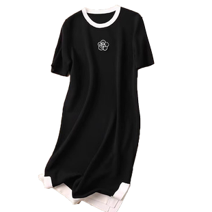 夏季新款撞色侧开叉连衣裙女大码胖mm直筒孕妇裙高级感黑色针织裙