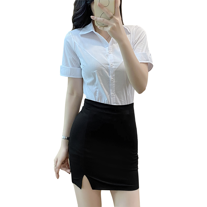 弹力短袖白色衬衫女夏微胖纯欲辣妹大码OL制服工作服性感衬衣上衣