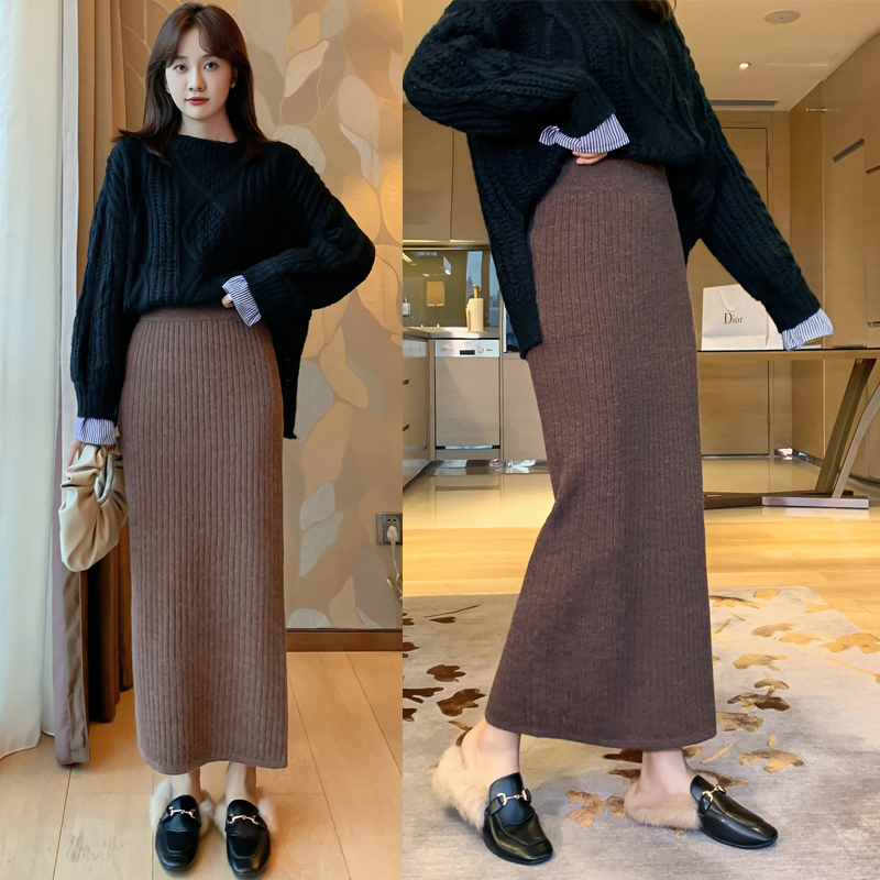 大码胖mm加厚针织半身裙女秋冬加长高个子长裙裙子宽松开叉毛线裙