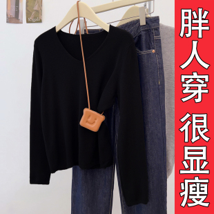 大码 女秋季 胖mm宽松内搭休闲外穿上衣 针织打底衫 韩系慵懒v领长袖