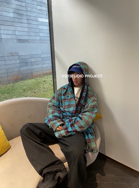 YQTSTUDIO新款秋冬时候水洗渐变格子宽松连帽衫加棉外套棉衣超