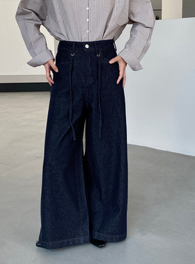 SJ版型超绝 复古深蓝色高腰牛仔裤女百搭直筒阔腿九分长裤