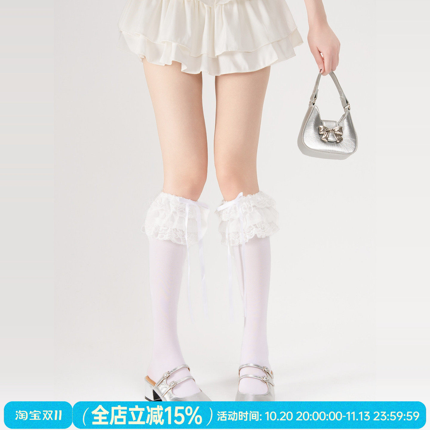 抵达一楼奶白蕾丝花边小腿袜天鹅绒日系doll感Lolita蝴蝶结中筒袜