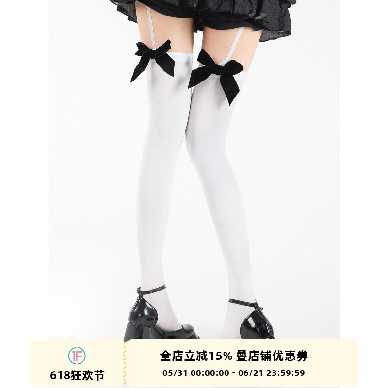 抵达一楼日系甜美lolita蝴蝶结吊带丝袜薄款天鹅绒白色JK长筒袜