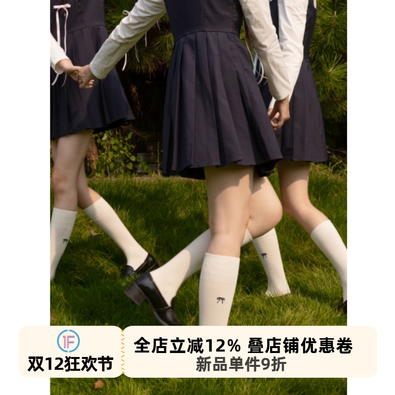 抵达一楼原创白色jk袜显瘦竖纹刺绣蝴蝶结日系小腿袜配制服鞋简约