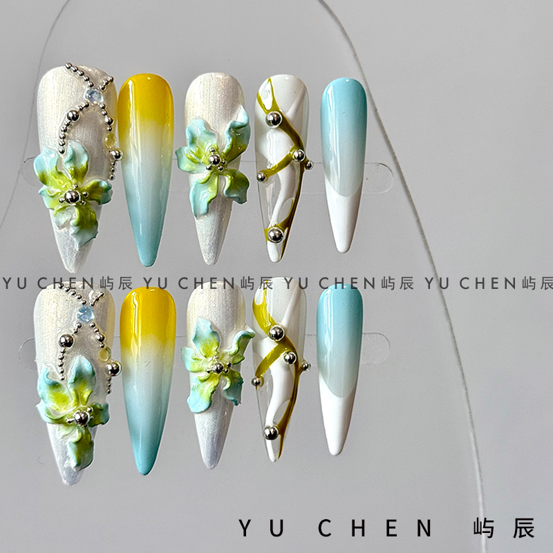 屿辰|春日柠檬花 美甲穿戴甲重工手工捏捏花渐变钢珠辣妹原创设计